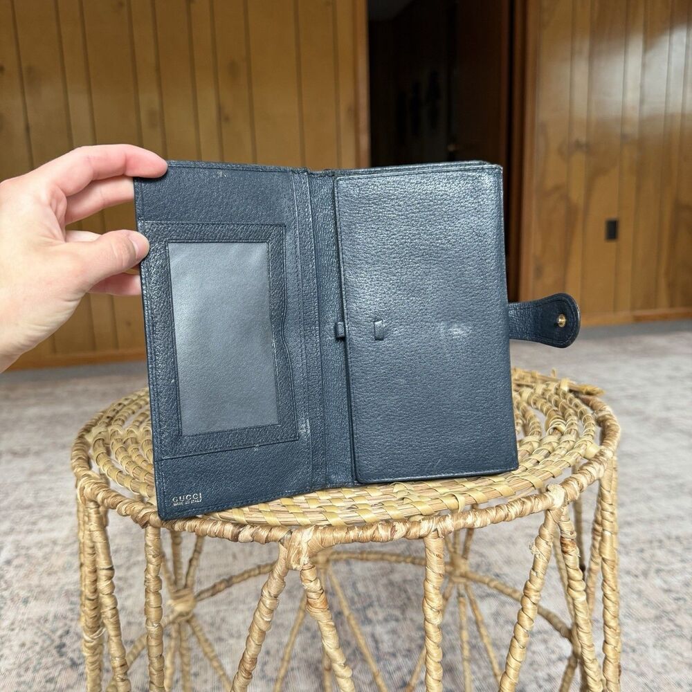 Vintage GUCCI GG Supreme Canvas Navy Blue Leather Wallet Logo Gold Snap Trifold - Picture 12 of 16
